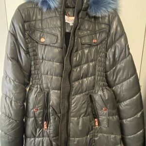 Nicole Miller Charcoal Puffer Jacket with Blue Fur Trim